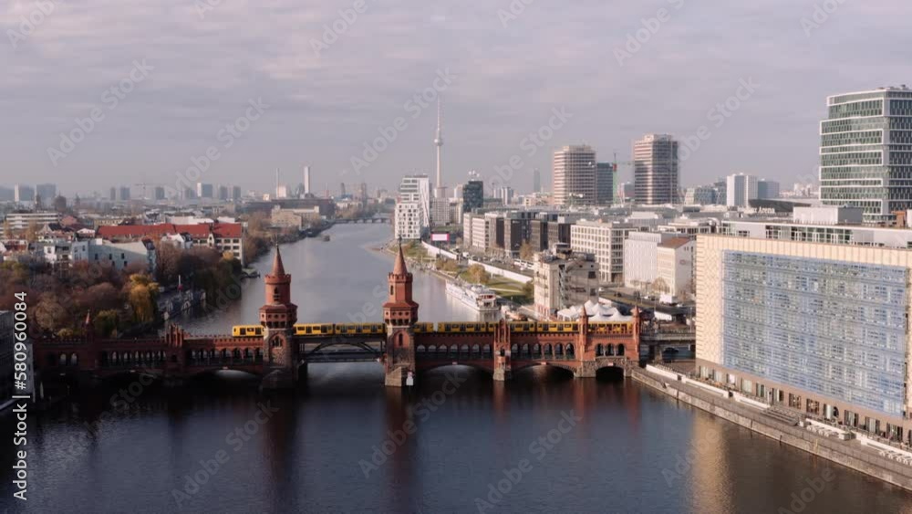Aerial approach toward Oberbaum bridge with rapid transit train crossing, Berlin Aerial approach toward Oberbaum bridge with rapid transit train crossing, Berlin