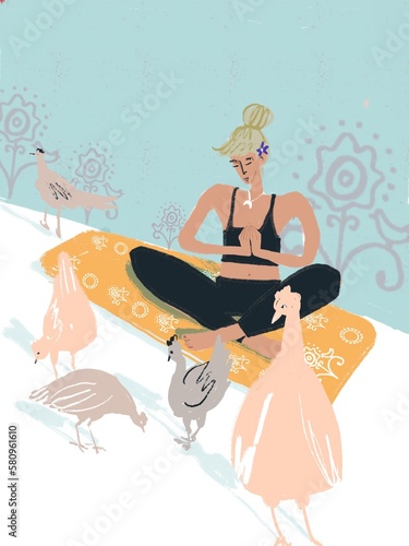 Woman meditating at the chicken yard. Doing yoga hand-drawn illustration 