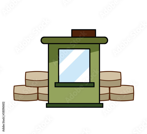 Border post. Checkpoint. Fortified building of military base. Wall of sandbags. Flat cartoon isolated on white background