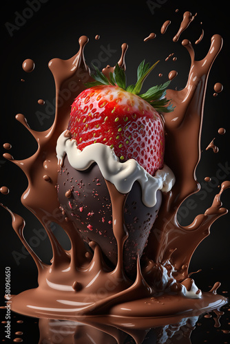 Flying strawberries with splash liquid chocolate and whipped cream on brown background, dessert decoration. AI Generative