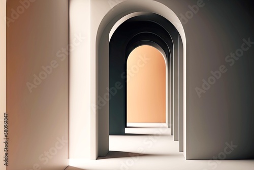 3d rendering minimal room with arched passage extending into distance, generative ai, created with generative ai