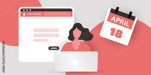 Tax Day Reminder Concept - Using Internet, App, Web Site for IRS Federal Income Tax Document Return - Woman Behind a Laptop - USA Tax Deadline, Due Date: 18th April, Year 2023