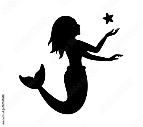 Silhouette of beautiful mermaid. Mythical tale character logo. Little creature with tail. Magical mermaid black symbol