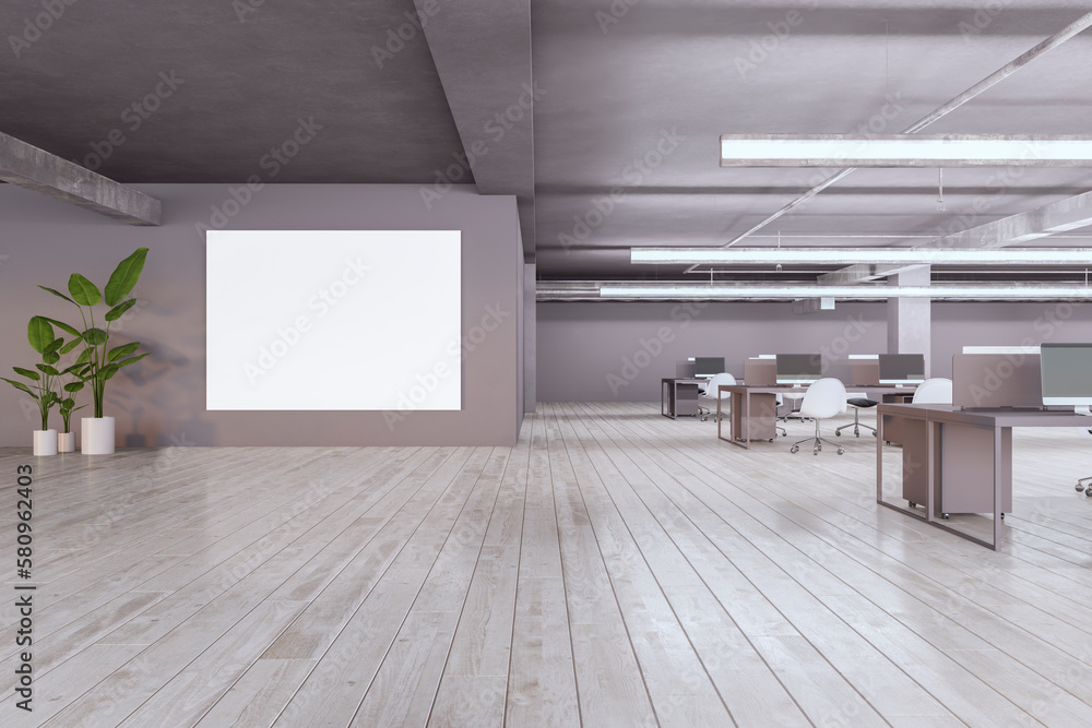 Modern light coworking office interior with empty white mock up banner, furniture, equipment and other items. Workplace and commercial space concept. 3D Rendering.