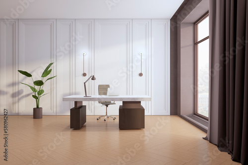 Modern light office interior with furniture and equipment, window with city view and curtain. 3D Rendering.