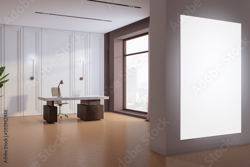 Modern bright office interior with empty mock up poster on wall, furniture and equipment, window with city view and curtain. 3D Rendering.