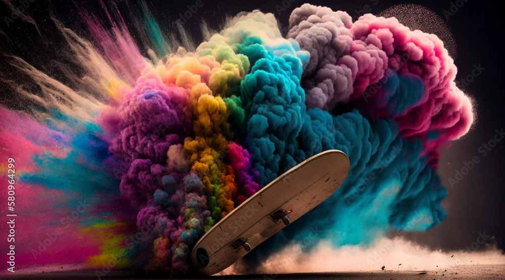Fototapeta premium Illustration of a vintage skateboard, colorful smoke dust. Generative AI.
