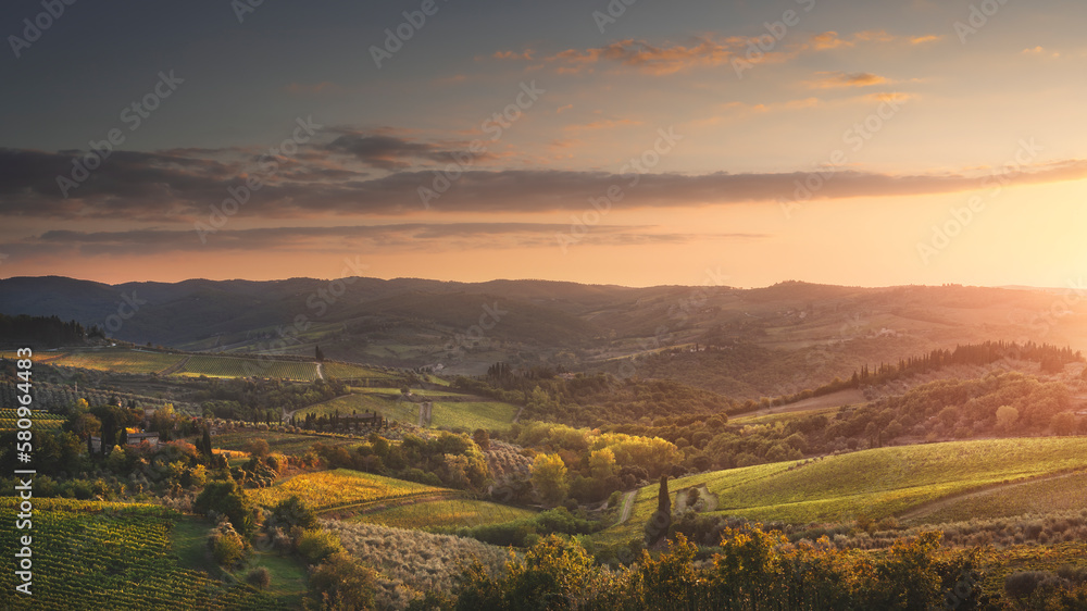 Panzano in Chianti landscape at sunset. Tuscany, Italy