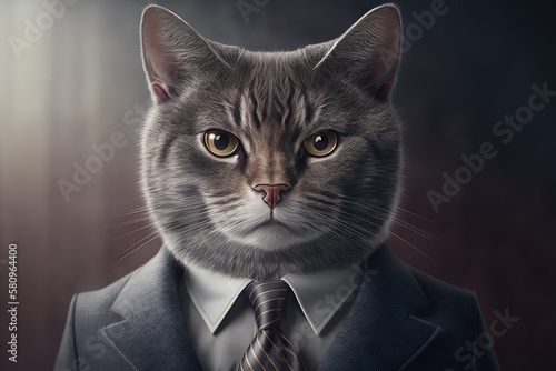 Cat in a business suit on gradient background. Generative AI