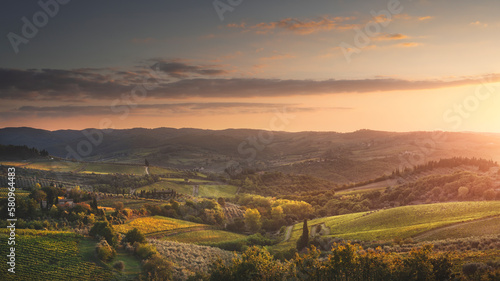 Panzano in Chianti landscape at sunset. Tuscany  Italy