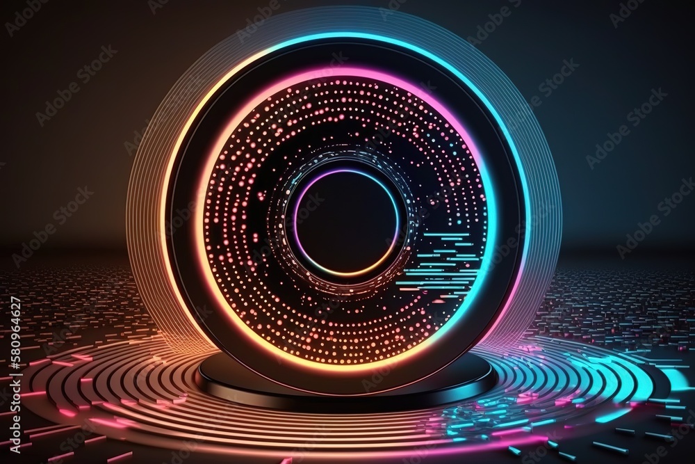 3d render, abstract background, round screen, ring, glowing dots, neon light, virtual reality, volume equalizer interface, hud, pink blue spectrum, vibrant colors, laser disc, floor reflection
