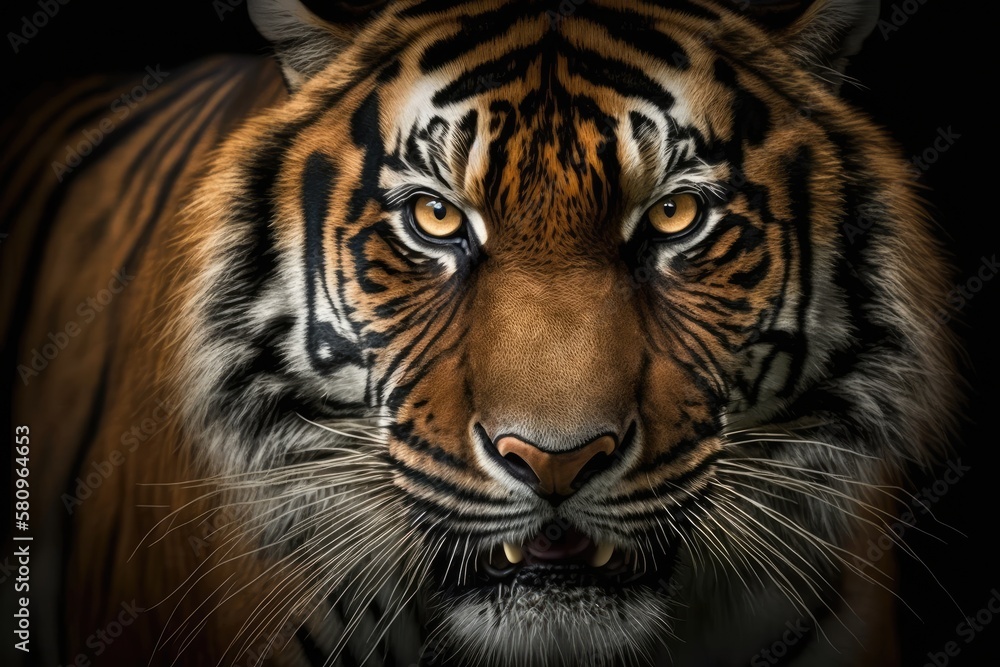 Stunning Sumatran tiger in close up, gazing at the camera with drool flowing from its mouth. Generative AI