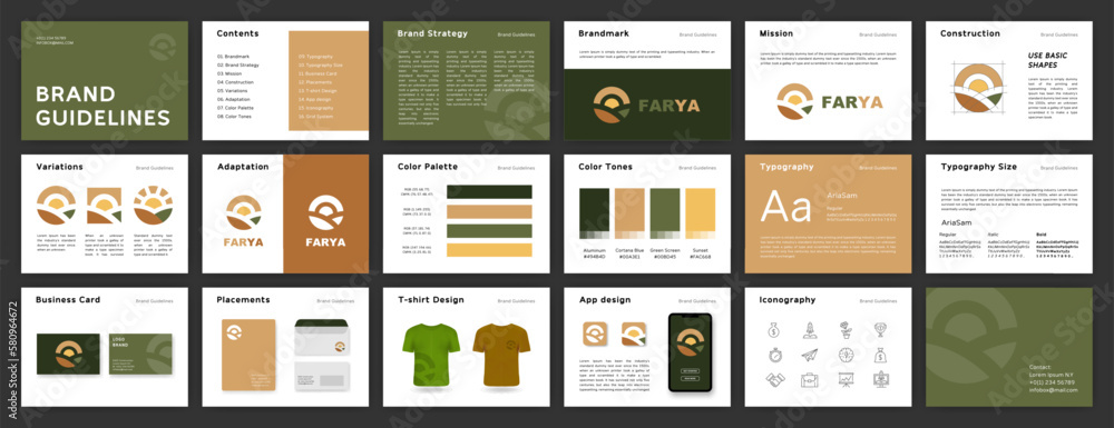 Green and Brown Brand Guidelines template. Brand Identity presentation. Logo Guideline template. Logo Guide Book. Logotype presentation - obrazy, fototapety, plakaty 