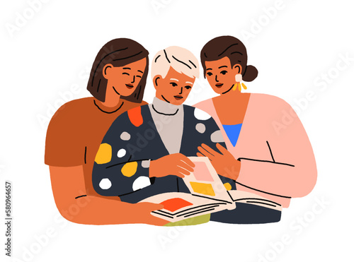Senior mother, adult daughters looking photo album, family photographs, archive, photoalbum book, remembering moments. Memory, nostalgia concept. Flat vector illustration isolated on white background