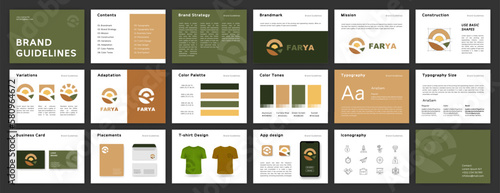 Green and Brown Brand Guidelines template. Brand Identity presentation. Logo Guideline template. Logo Guide Book. Logotype presentation photo