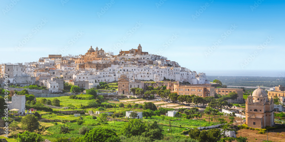 Naklejka premium Ostuni the White Town. Panoramic skyline and church. Puglia, Italy