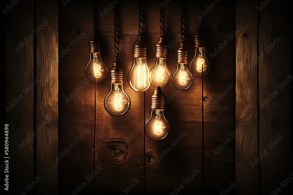 Empty, dark wooden background illuminated by retro light bulbs, with copy space
