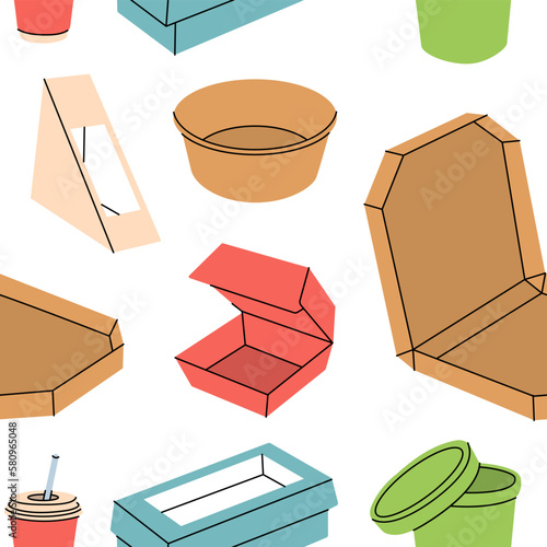 Takeaway cardboard boxes seamless pattern. Cardboard food boxes banner. Colored paper takeaway containers background. Food and drink packaging pattern