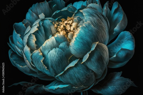 Unreal macro of a cyan peony bloom on a black background. Generative AI