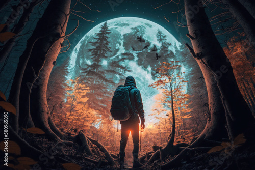 Hiker with backpack on the background of the full moon in the forest. Generative AI