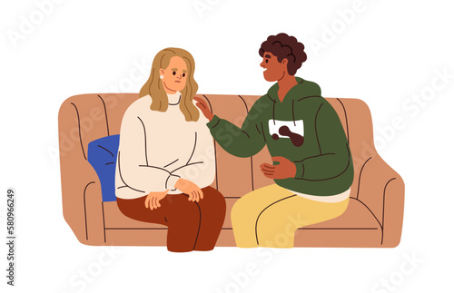 Supportive person supporting, comforting and encouraging upset sad character in trouble, stress, problem. Empathy, care, sympathy concept. Flat vector illustration isolated on white background