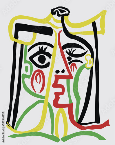 Abstract illustration zodiac sign horoscope symbol virgo face of man woman with beard mustache eyes body torso hands cubist absurd female tears