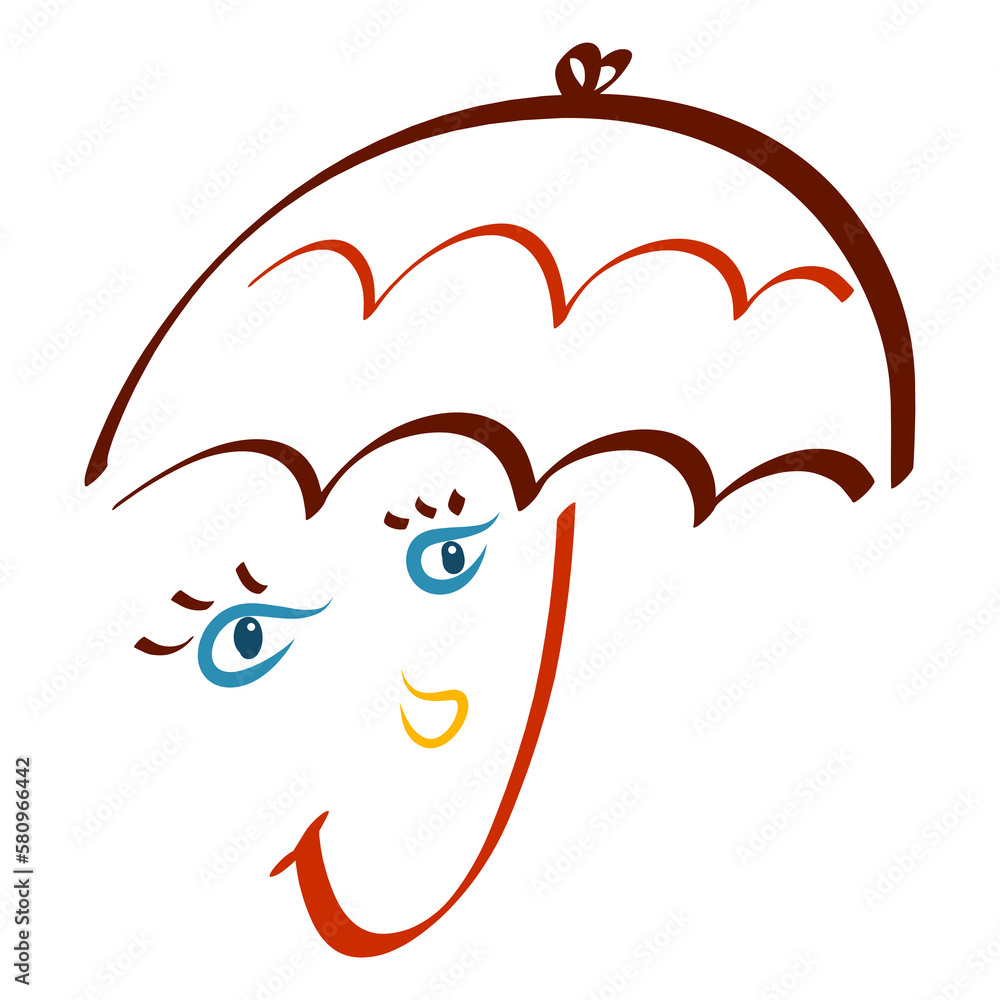 funny umbrella with eyes made of raindrops and a big smile, colorful symbol, color sketch funny umbrella with eyes made of raindrops and a big smile, colorful symbol, color sketch
