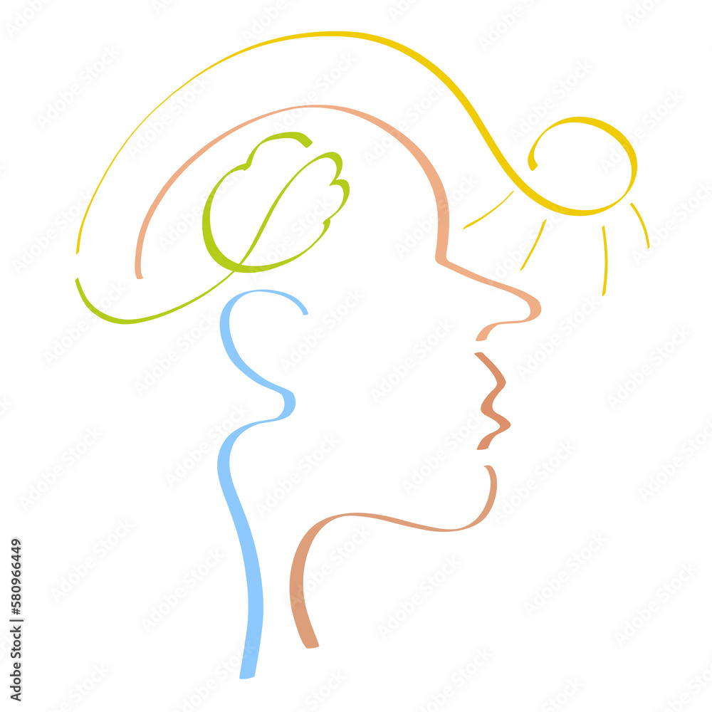 creative image of a person illuminated by an idea, thought and brain as parts of nature, creative colorful logo