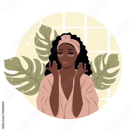 Vector illustration of a dark-skinned girl in a bathrobe with an eye patch in the bathroom. Banner concept of cosmetology, beauty, home care, cosmetic procedures at home.