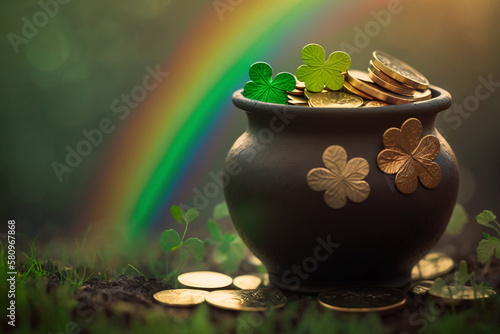 Wallpaper Mural pot of gold coins and shamrock at the end of the rainbow, Saint Patrick's Day, generative AI Torontodigital.ca