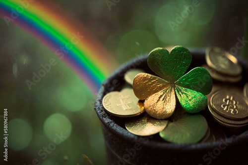 Wallpaper Mural pot of gold coins and shamrock at the end of the rainbow, Saint Patrick's Day, generative AI Torontodigital.ca