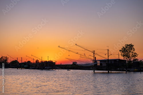 View of fishing huts of Comacchio, Veneto, Italy