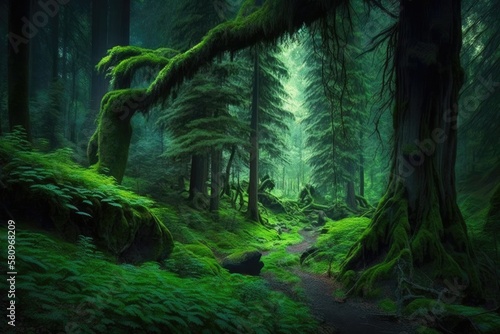 lovely green forest. Generative AI © AkuAku