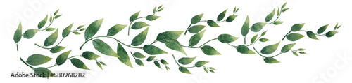 Watercolor illustration of garland with green leaves branches. Hand drawn vivid leaves garlands. Hand-drawn high resolution art. 