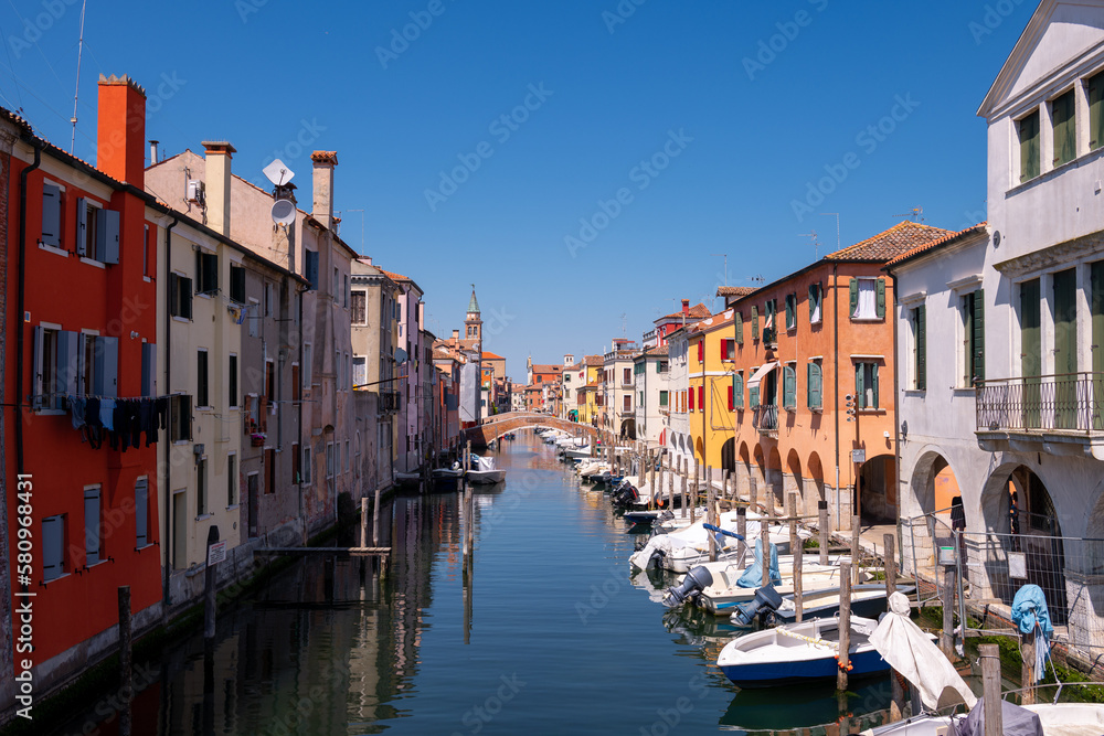 View of Chioggia with its canals and boats. Veneto, Italy.