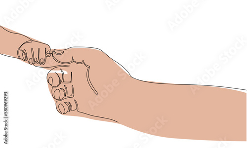 Adult hand and baby hand line art. One continuous line illustration. Vector illustration.