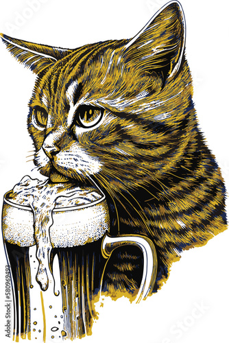 Vector image of cat drinking beer..