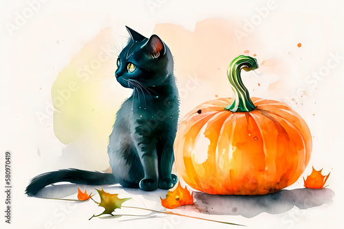watercolor sketch of a black cat and pumpkins, watercolor drawing Halloween mood, generative ai