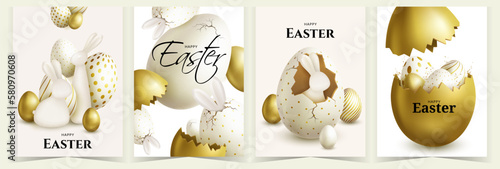 Set of Happy Easter Greeting cards with easter eggs and bunny.