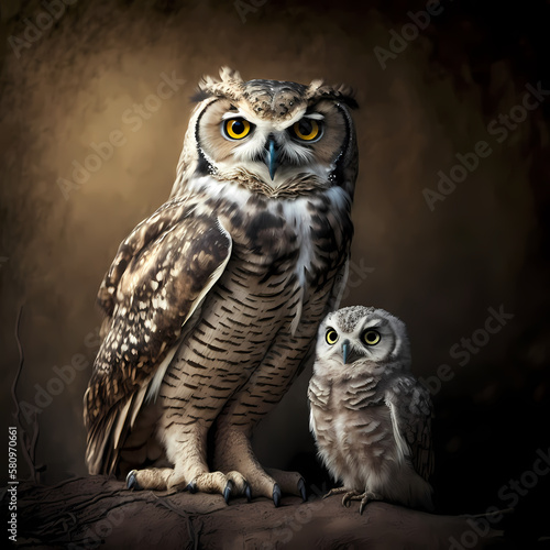 Owl and Baby Owl. Generative AI