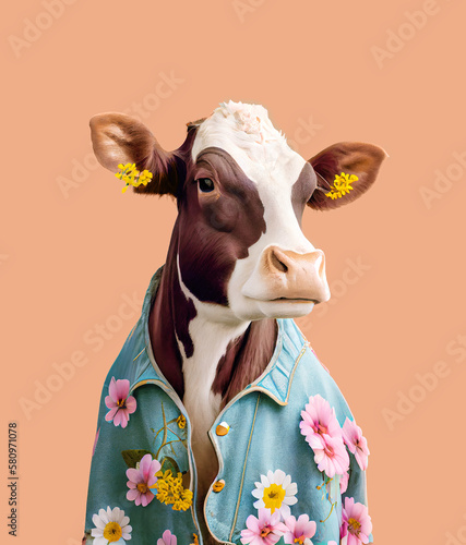 Creative animal Spring concept, domestic animal dressed in spring costume and fresh field flowers. Portrait of a cow on a pastel background. Illustration, Generative AI.