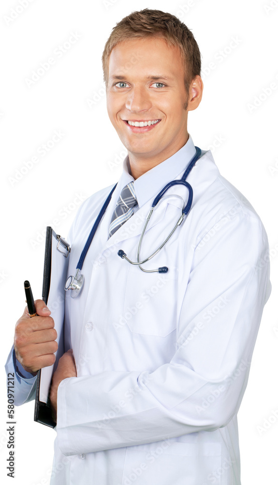 Young male doctor smiling and holding a clipboard or patient chart