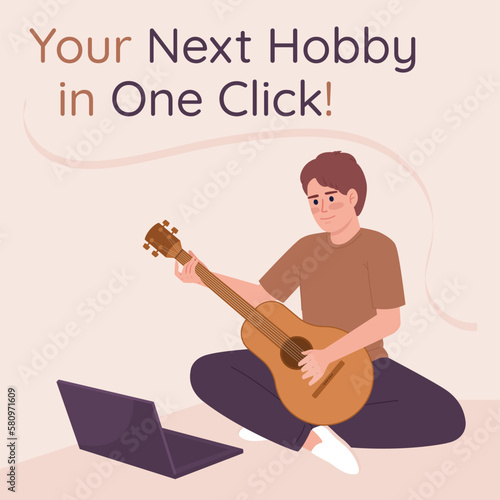 Find next hobby in one click card template. Learning guitar online. Editable social media post design. Flat vector color illustration for poster, web banner, ecard. Quicksand Medium font used