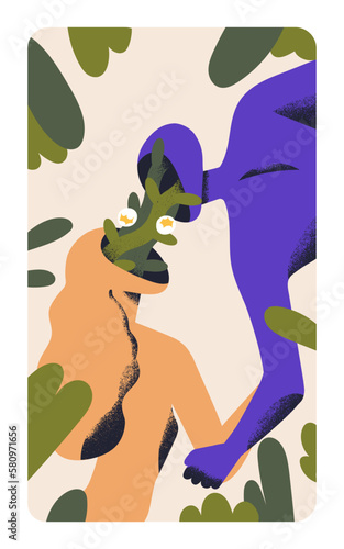 Romantic lovers couple, abstract united valentines. Harmony, bonding connection in deep love, temptation, romance, passion concept. Soulmates in garden, card poster. Surreal flat vector illustration