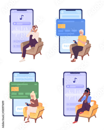 Using mobile apps in daily life flat concept vector spot illustration set. Editable 2D cartoon characters on white for web design. Music and banking creative ideas set for website, mobile, magazine