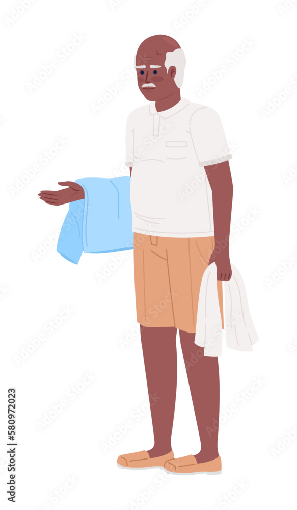 Elderly man holding freshly washed towels semi flat color vector character. Editable figure. Full body person on white. Simple cartoon style spot illustration for web graphic design and animation