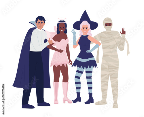 Friends in costumes posing together on party semi flat color vector characters. Editable figures. Full body people on white. Simple cartoon style spot illustration for web graphic design and animation