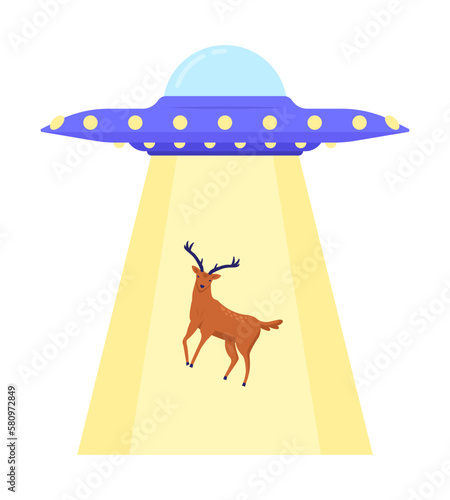 Flying saucer abducting forest stag semi flat color vector icon. UFO. Editable object. Full sized element on white. Simple cartoon style spot illustration for web graphic design and animation