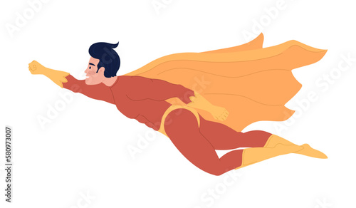 Flying superhero with cape semi flat color vector character. Superhuman. Editable figure. Full body person on white. Simple cartoon style spot illustration for web graphic design and animation
