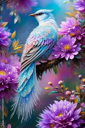 bird on a branch, colorful, fantasy, beautiful, generative AI